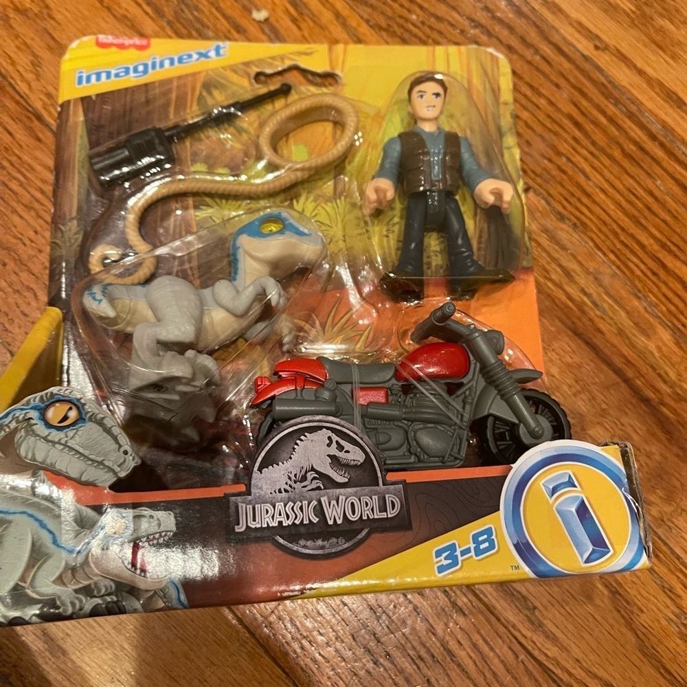 Fisher Price Imaginext Jurassic World Owen & Blue Raptor Dinosaur Motorcycle Toy